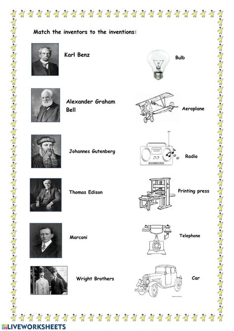 Inventors And Inventions For Kids, Inventions And Inventors, Famous Inventors, Comic Wallpaper, Batman Comic Wallpaper, Johannes Gutenberg, Map Worksheets, Matching Worksheets, Time Worksheets