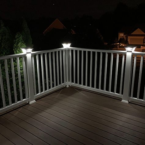 Deck Railing Lights, Back Porch Lighting Ideas Covered Decks, Deck Lights Railing, Deck Lighting Ideas Railing, Lights For Deck Railing, Lights On Deck Railing, Deck Railing Post Lights, Deck Rail Lighting, Lights On Deck