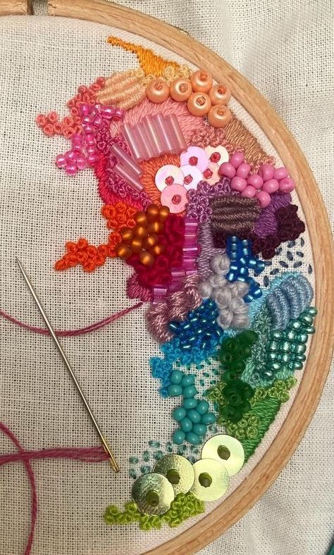 Hand Embroidery Drawing, Hand Embroidery With Beads, Embroidery Beading, Beading On Fabric, Embroidery Beads Designs, Simple Hand Embroidery Patterns, Embroidery Lessons, Abstract Embroidery, Bead Embroidery Patterns