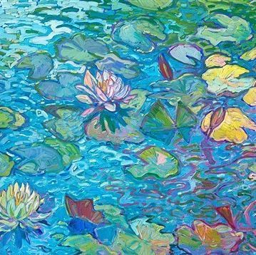 Open Impressionism, Lily Paintings, Erin Hanson, Water Lily Pond, Monet Water Lilies, Contemporary Impressionism, Lily Painting, Modern Masters, Water Reflections