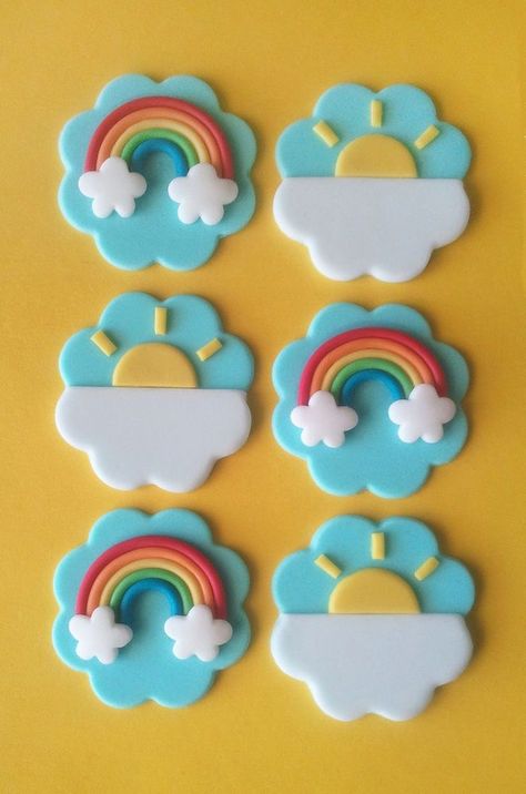 Trolls Kue Fondant, Fondant Rainbow, Deco Cupcake, Cloud Party, Rainbow Cupcake, Mini Torte, Fondant Cupcake Toppers, Rainbow Cupcakes, Fondant Cookies