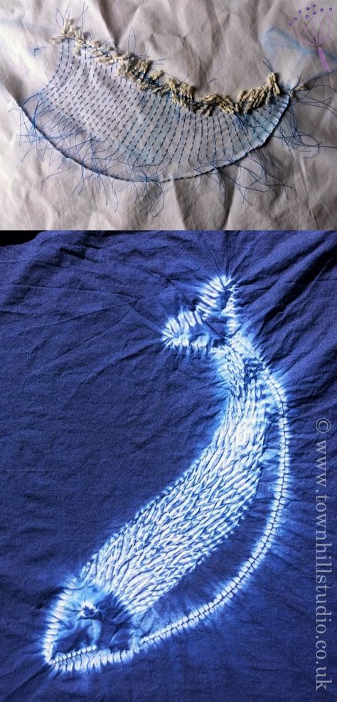 A fish design by Townhill Studio. Using mainly mokume and ori nui shibori stitch resist techniques to make this leaping fish. So much variety from using simple variations in techniques in beautiful indigo. Embroidery Fish, Shibori Diy, Tie Dye Patterns Diy, Fabric Dyeing Techniques, Shibori Designs, Shibori Fabric, Shibori Techniques, Shibori Pattern, Shibori Print