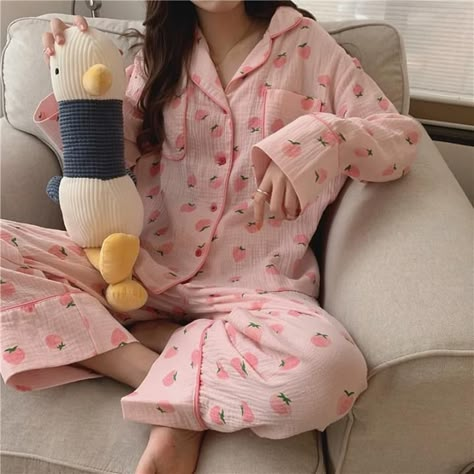 Kawaii Peach, Retro Style Women, Sleep Outfit, Cotton Pajama Set Women, Pajamas Aesthetic, Pijamas Women, Cute Pjs, Pajama Fashion, Cute Sleepwear