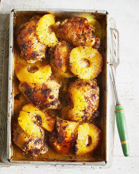 Fiery upside-down pineapple chicken | delicious. magazine Savoury Pineapple Recipes, Jack Monroe Recipes, Tinned Pineapple Recipes, Coronation Recipes, Chicken Recipe In Oven, Budget Chicken Recipes, Chicken Meal Recipes, Trini Christmas, Pineapple Chicken Recipe