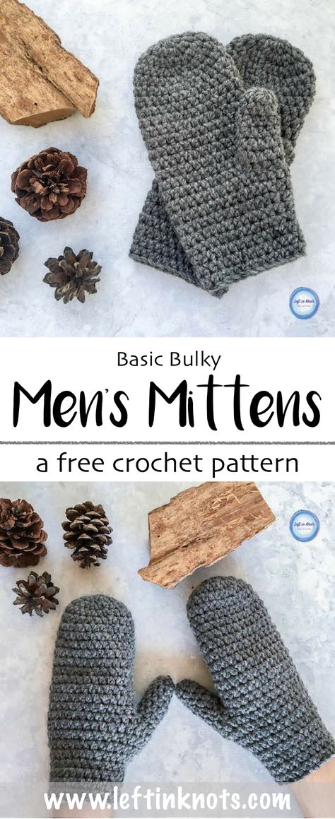 This fast and free crochet mitten pattern is perfect for any men in your life!  This beginner-friendly pattern works up quickly using a bulky acrylic yarn, and it is also easily adjustable in size.  The Basic Bulky Men's Mittens pattern is the new free crochet pattern on my blog and a great last minute stocking stuffer! #crochet #freecrochetpattern #crochetmittens Crochet Mittens Free Pattern, Mitten Pattern, Crochet Mittens Pattern, Confection Au Crochet, Crocheting Ideas, Modern Crochet Patterns, Crochet Mittens, Crochet Simple, Crochet Clothing