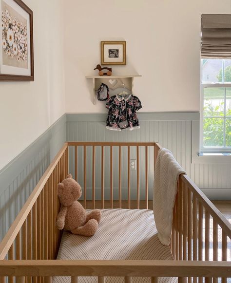 Bead Board In Nursery, Bead Board Wall Nursery, Half Shiplap Wall Nursery, Nursery With Beadboard, Nursery Ideas Cottagecore, Bead Board Nursery Boy, Bead And Batten Wall, Nursery Beadboard, Beadboard Accent Wall Bedroom