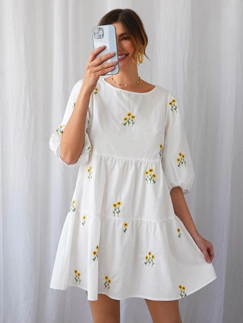 SHEIN Sunflower Embroidery Lantern Sleeve Smock Dress | SHEIN USA Sunflower Embroidery, Belted Floral Dress, Boho Chic Design, Sunflower Dress, Smocked Dresses, Kurti Designs Latest, Puff Sleeve Dresses, Stylish Dress Designs, Lantern Sleeve