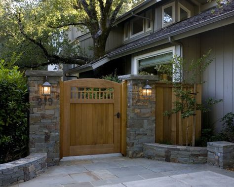 Landscape renovation in Kentfield, CA. New front entry gate and columns, new plantings and stone bench feature wall. Gate Pillar Design, Front Yard Decor, Landscape Design Ideas, Entry Gate, Compound Wall, Front Yard Fence, Garden Entrance, Wooden Gates, Entry Gates