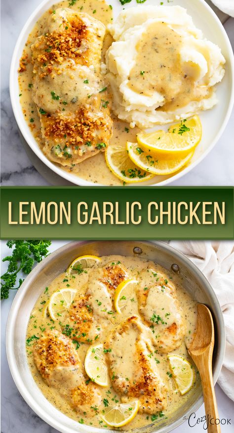 chicken in a lemon garlic pan sauce served with mashed potatoes Recipe For Lemon Chicken, Garlic Dinner Recipes, Dinner With Lemon, Lemon Meal Recipes, Lemon Chicken Dinner Ideas, Chicken And Garlic Recipes, Chicken And Veggie Dinner Ideas, Dinner Using Chicken Tenderloins, Lemon Chicken Sides