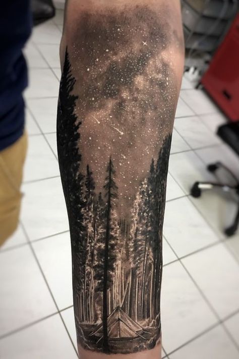 Forest Chest Tattoo, Location Tattoo, Night Sky Tattoos, Forest Forearm Tattoo, Outdoor Tattoo, Scenery Tattoo, Winter Tattoo, Tree Tattoo Men, Sky Tattoos