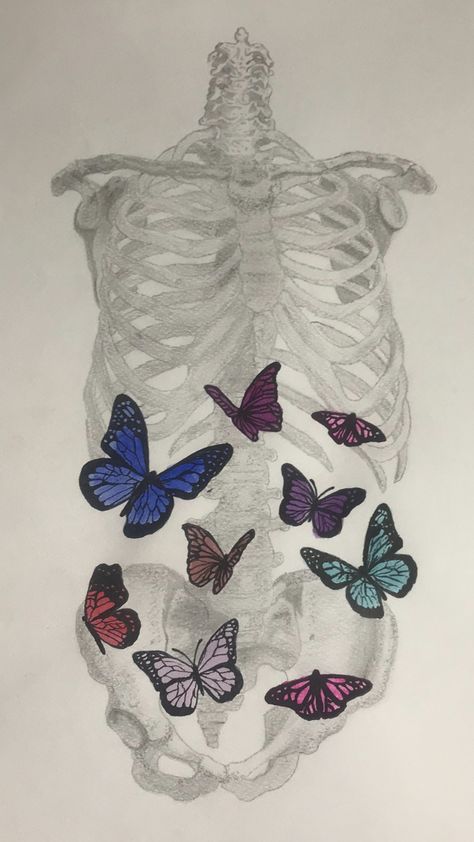 Skeleton Rib Cage With Butterflies, Skeleton And Butterfly Drawing, Butterfly Ribcage Drawing, Butterfly Feeling Drawing, Ribs With Butterflies Drawing, Butterflies In Stomach Painting, You Give Me Butterflies Drawing, Skeleton With Butterflies In Stomach Drawing, Two Butterflies Drawing