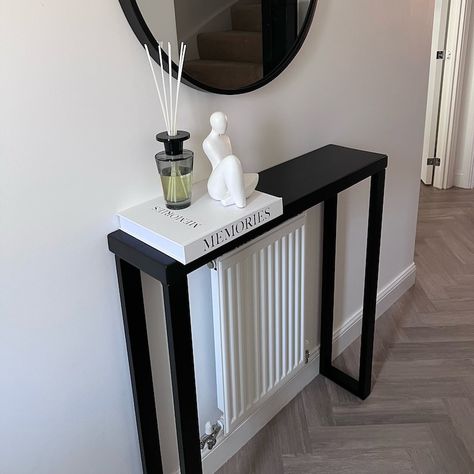 Black Console Table With Handmade Industrial Steel legs Hallway Table Radiator cover Custom Sizes and Colours 70-160cm - Etsy UK Side Table In Dining Room, Small Black Console Table, Black Console Table Entryway, Black Console Table Decor, Hallway Console Table Decor, White Hallway Ideas, Hallway Tables, Hallway Console Table, Black Hallway