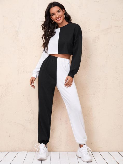 Two Tone Drop Shoulder Crop Pullover & Joggers Set | SHEIN USA Cute Sweatpants Outfit, Cute Sweatpants, Crop Pullover, Joggers Set, Trendy Hoodies, Cute Lazy Outfits, Co Ords, Cute Comfy Outfits, Tomboy Fashion