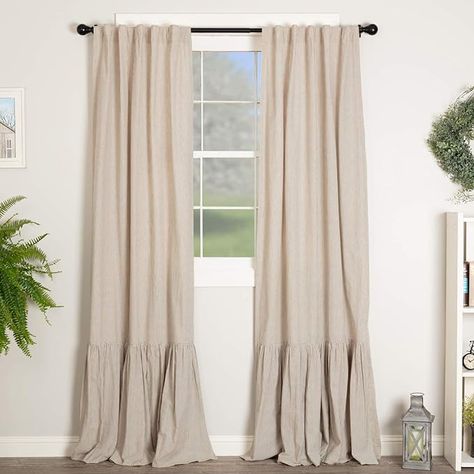 Amazon.com: Piper Classics Sara's Ticking Black Ruffled Panel Set of 2 96" L x 50" W : Everything Else Rustic Drapes, Farmhouse Drapes, Ruffle Bedspread, Farmhouse Style Curtains, Cortinas Boho, Cottagecore Living, Ruffle Shower Curtains, Ruffle Curtains, Farmhouse Curtains