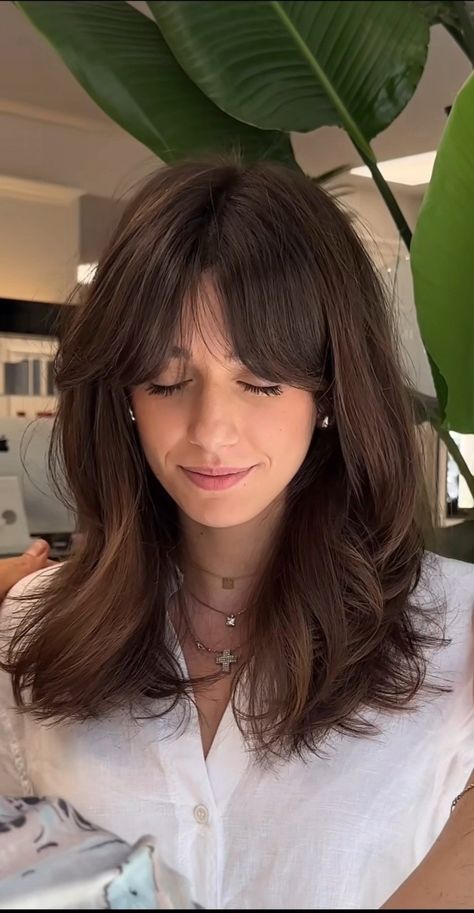 Half Up Hairstyles Curtain Bangs, Long Hair With Curtain Bangs Brunette, Brunette Layered Hair With Bangs, Curtain Bangs Medium Hair Dark Brown, Emma Watson Brown Hair, Wedding Bangs Hair, Fall Fringe Hair, Brunette Haircut Bangs, Mid Length Hair Curtain Bangs Layers