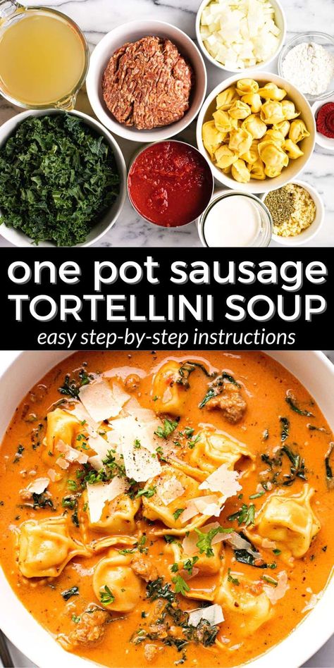 30-Minute Sausage Tortellini Soup One Pot Creamy Sausage Tortellini Soup, Ground Turkey Tortellini Soup, Tortilini Soup Italian Sausages, Sausage Tortellini Soup Stovetop, Creamy Crab Soup, Layered Lasagna, Vegan Mushroom Soup, Pasta Simple, Cheesy Tortellini