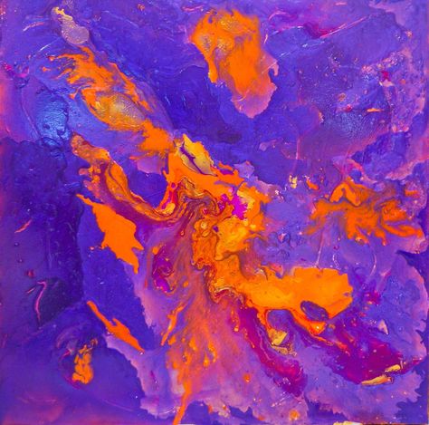 "Sleep to Dream" 36"x36" available at www.ShanaSternStudio.com  Sumptuous layers of opalescent purples melt with incandescent oranges, fuchsias & blue violet - which burst from underneath, like molten lava - searing magnificent colors into your mind.   "Sleep to Dream" changes hues and color as you move beside it and as the light in the room shifts - making it a "living" piece of art.  No brushes or instruments used to create this piece. I used my fingers and knuckles. Austin Abstract Art Lofi Witch, Orange And Purple Aesthetic, Witch Office, Deck Inspiration, Purple Painting, Molten Lava, Colour Colour, Purple Decor, Office Inspo