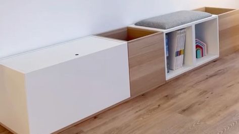 A Simple Twist Transforms IKEA EKET Cabinets Into Chic Storage Solutions Ikea Kuggis Hack, Ikea Hack Storage Bench, Ikea Smastad Bench, Kallax Storage Bench, Ikea Eket Kids Room, Eket Bench, Ikea Hack Cabinet, Eket Hack Ikea, Besta Built In Hack