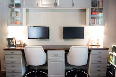 Building An IKEA Kitchen Cabinet Desk with SEKTION cabinets and butcher block countertops is a great way to get a built-in look for much less money. Midwife Office, Butcher Block Desk, Desk Build, Double Desk, Kitchen Desks, Ikea Kitchen Cabinets, Ikea Desk, Custom Desk, Ikea Cabinets