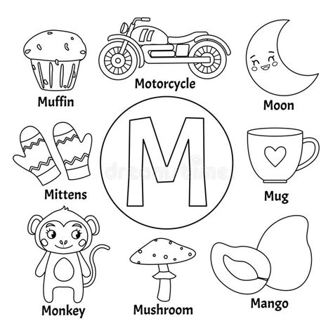 Vector cute kids alphabet. Vector cute kids animal alphabet. Letter M. Set of cute cartoon illustrations. Coloring page royalty free illustration Letter M Crafts, Letter M Activities, Nursery Worksheets, Animal Alphabet Letters, Alphabet Crafts Preschool, Monster Truck Coloring Pages, Vector Alphabet, Mushroom Stock, Page Illustration