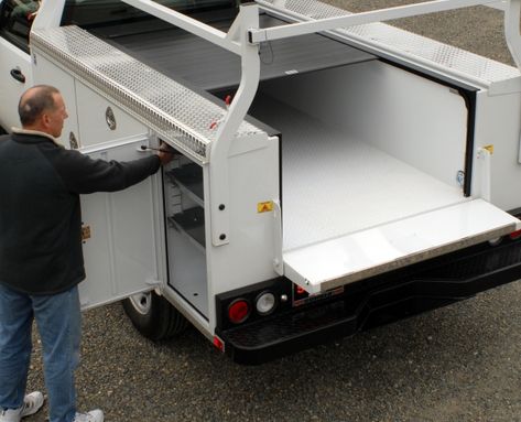 Retractable Utility Bed Cover Completely, Encloses Bed & Tailgate Area - Martin & Company Advertising Utility Truck Beds, Enclosed Bed, Rolling Bed, Utility Covers, Utility Bed, Work Trucks, Truck Beds, Utility Truck, Truck Bed Covers