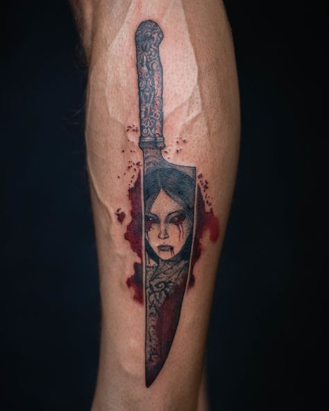 The Vorpal Blade (feat Alice) from Alice: Madness Returns. Cheers, Chris! . . . #videogametattoos #alicemadnessreturnstattoo #alicemadnessreturns #blackworktattoo #portrait #dotworkportrait Vorpal Blade Tattoo, Alice Madness Returns Tattoo Ideas, Alice Madness Returns Tattoo, Vorpal Blade, Blade Tattoo, Video Game Tattoos, Wonder Art, Alice Madness Returns, Alice Liddell