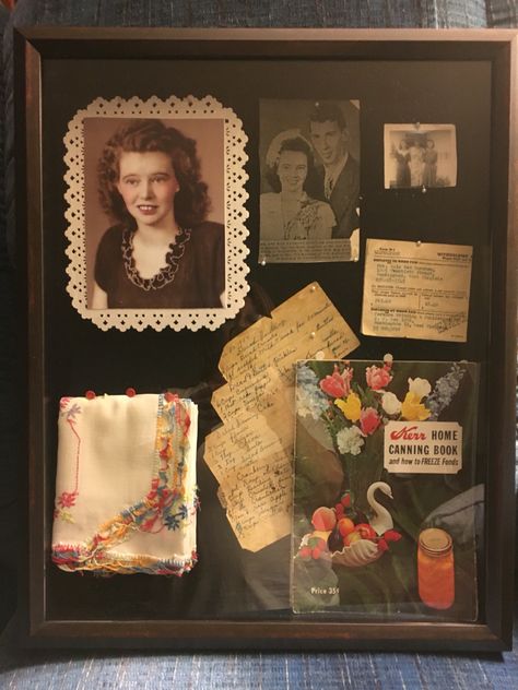 Memorial Gift Diy, Family Heirloom Display, Genealogy Crafts, Shadow Box Memory, Handkerchief Crafts, Doily Art, Memory Projects, Diy Shadow Box, Memory Frame