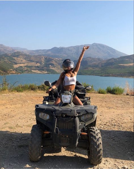 quad biking in greece Fourwheeler Pictures Ideas, Quad Bike Photoshoot, Atv Riding Poses, Four Wheeler Picture Ideas, Four Wheeler Photoshoot, Quad Astetic, Atv Insta Pics, Atv Photoshoot Women, Quadbikes Aesthetic