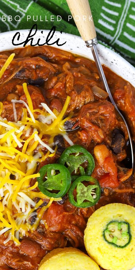 #ad BBQ Pulled Pork Chili, #CurlysGameDay, game day comfort food, game day menu, football recipes, chili with pork, chili recipe, #chili . pinterest.com/curlysbbq/, @walmart , Pulled Pork With Bbq Sauce, Chili With Pork, Pulled Pork Chili Recipe, Bbq Chili, Pork Chili Recipe, Pulled Pork Chili, Football Recipes, Simple Spinach Salad, Recipes Chili