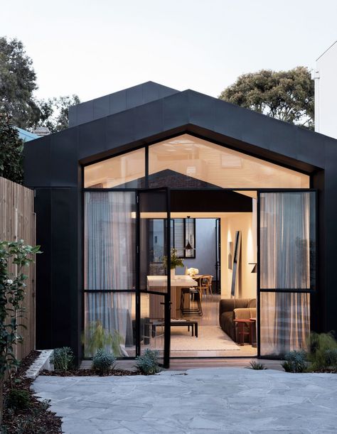 Victorian Worker's Cottage Renovation, Port Melbourne Architect: Pandolfini Architects Builder: Duobuilt Photographer: Rory Gardiner Internal Courtyard, Narrow House, Melbourne House, Shed Plans, Glass Doors, Outdoor Area, A House, Black House, Small House