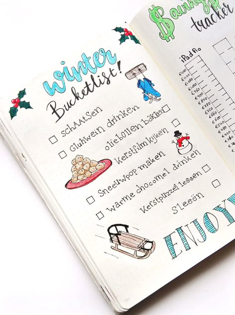 Add a winter themed bucket list to your Bullet Journal! It is so much fun to make these. Think of all the things you want to do this winter and write them down in your Bullet Journal. You can also add lots of illustrations to make it a super pretty collection in your Bullet Journal! And it is also a good reminder to have fun this wintertime! Winter Bucket List Journal, Winter Bucket List Bullet Journal, Winter Bullet Journal, Winter Journal, December Bullet Journal, Bucket List Journal, Bullet Journal Page, Bullet Journel, Winter Bucket List