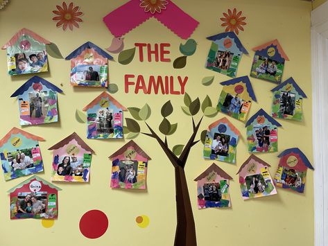 Kindergarten Family Bulletin Board, Family Tree Toddler Classroom, Family Wall Preschool Display, Family Wall Classroom, Families Preschool Theme, Preschool Family Wall, Family Tree Ideas For School, Family Tree Bulletin Board, Classroom Family Tree