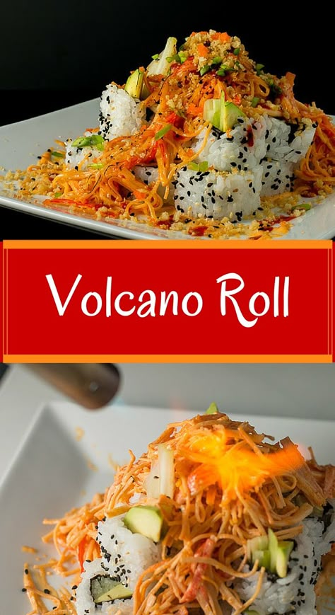 Volcano Sushi Roll Recipe, Sushi Recipes Spicy, Baked Sushi Roll, Volcano Roll Sushi, Sushi Stacks Recipe, Dessert Chef, Seafood Sushi, Sushi Bowl Recipe, Sushi Recipes Homemade