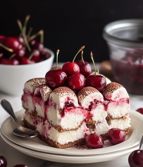 This Cherry Amaretto Tiramisu is a delightful twist on the classic Italian dessert, infusing the rich and creamy layers with a burst of fresh cherry flavor and a hint of ... Read more Recipes With Amarena Cherries, Cherry Amaretto Cheesecake, Cherry Amaretto Tiramisu, Cherry Amaretto Cake, Classic Italian Desserts, Tiramisu Ideas, Cherry Coulis, Cherry Trifle Recipes, Cherry Tiramisu