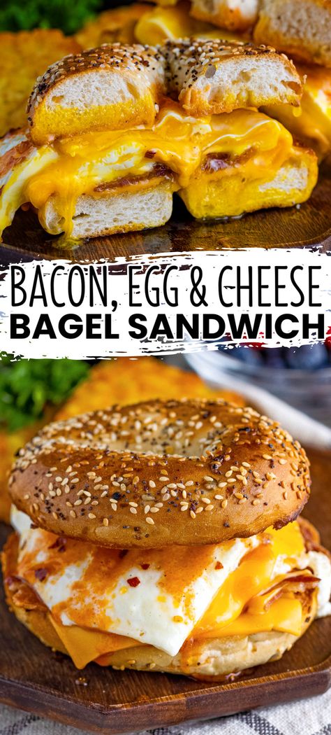 Start your day with a delicious Bacon, Egg & Cheese Bagel Breakfast Sandwich! Pick your bagel and top it with morning favorites and hot sauce! #BreadBoozeBacon #bacon #egg #cheese #bagel #breakfastsandwich #sandwich #breakfast #bunch #backtoschool #grabandgo Turkey Bacon Breakfast Sandwich, Egg Bagel Sandwich, Bagel Sandwich Recipes, Bagel Breakfast, Bacon Egg Cheese, Bread Booze Bacon, Bagel Breakfast Sandwich, Egg And Cheese Sandwich, Turkey Breakfast