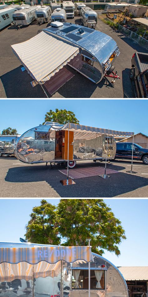 Here's a charming vintage fabric style manual awning that we installed to provide a comfortable space to shop and relax while protected from the scorching sun. We renovated this 1947 Spartan Spartanette to serve as versatile commercial space for their pop-up shops, marketing events, and styled shopping experiences. Rv Exterior, Airstream Renovation, Diy Rv, Rv Renovations, Mobile Shop, Diy Deck, Event Marketing, Pop Up Shops, Rv Life