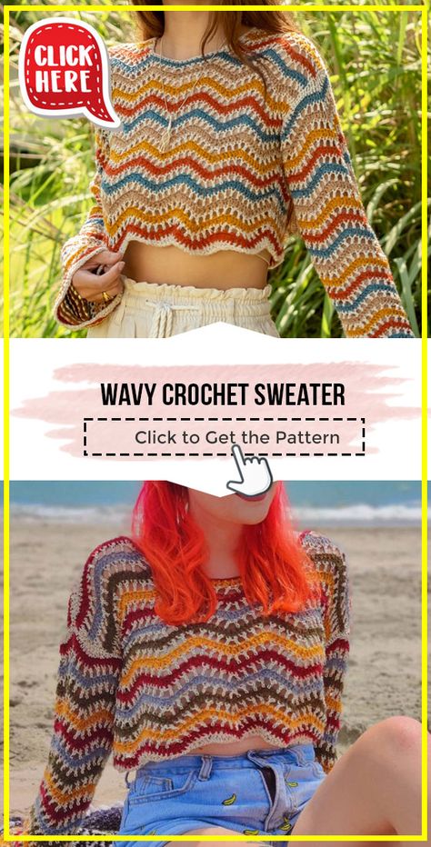 Wavy Crochet Sweater easy pattern - Easy Crochet Sweater Pattern for Beginners. Click to Try the Pattern #Sweater #crochetpattern #crochet via @shareapattern.com Confection Au Crochet, Crochet Crop Top Pattern, Crochet Sweater Pattern Free, Crochet Blanket Designs, Crochet Clothes For Women, Crochet Summer Tops, Crochet Simple, Crochet Fashion Patterns, Crochet Clothes Patterns