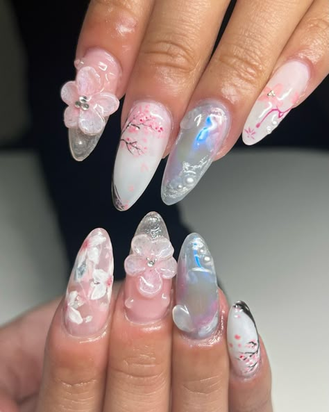 cherry blossom themed 🌸 ✧ : *✧ :* ✧ *✧: #gelnails #nailinspo #nailinspiration #nailart #naildesigns #nailartinspo #nailsoftheday #gelx #gelxnails #apresgelx #handpaintednails Cherry Blossom Tree Nails, Japan Theme Nails, Japan Themed Nails, Make Fake Nails, Cherry Blossom Nails Design, Regular Nails, What Nails, 24 Aesthetic, Cherry Blossom Nails Art