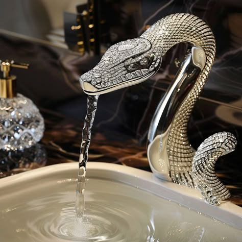 Introducing SerpentFlow: a sleek sink spout inspired by the graceful curves of a snake. With its polished surface and precise water flow, it adds elegance and functionality to any space. Conceptual AI Art Follow @ecosapiens for more! Snake Room Aesthetic, Bathroom Sink Aesthetic, Snake Interior Design, Snake Decor Home, Romantic Gothic Home Decor, Snake Aesthetic, Swan Faucet Aesthetic, Snake Incense Burner, Gold Swan Faucet