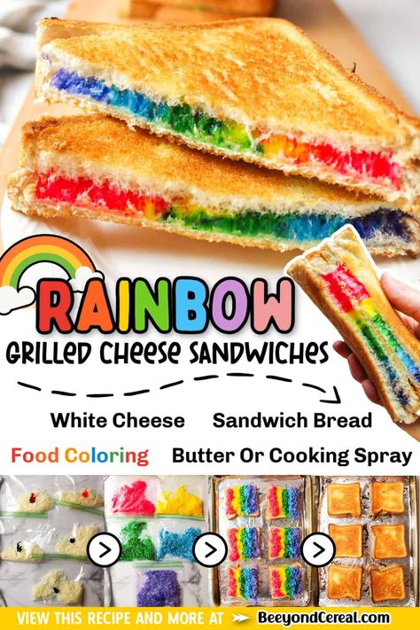 Grill Cheese For A Crowd, Rainbow Grilled Cheese Sandwich, Fun Food Activities For Kids, Easy Cooking Activities For Kids, Rainbow Lunch Ideas Kids, Rainbow Snacks Parties, Oven Grilled Cheese Baking Sheet, Baking For Kids Easy, Creative Food Art For Kids