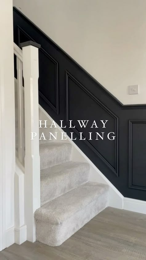 Hall Ways Ideas, Modern Hallway Design, Hallway Panelling, Stairs And Hallway Ideas, Stair Paneling, Hall Stairs And Landing, Staircase Interior Design, Diy Room Furniture, Stairs Design Interior