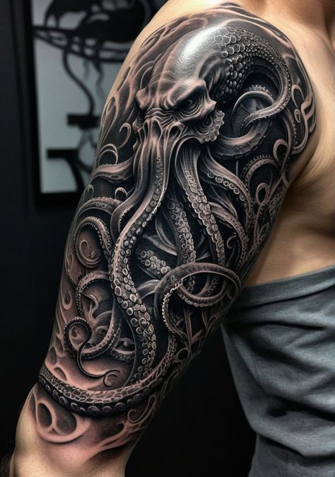 Octopus Tattoo Sleeve, Kraken Tattoo, Squid Tattoo, Gear Tattoo, Valkyrie Tattoo, Monster Tattoo, Octopus Tattoo Design, Elbow Tattoos, Nautical Tattoo