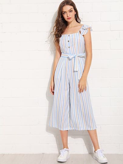 Product name: Vertical-Striped Wide Leg Jumpsuit at SHEIN, Category: Jumpsuits Outfits 2022, Wardrobe Basics, Shein Style, Vertical Stripes, Wide Leg Jumpsuit, Affiliate Links, Looks Vintage, Fashion News, Jumpsuit Romper