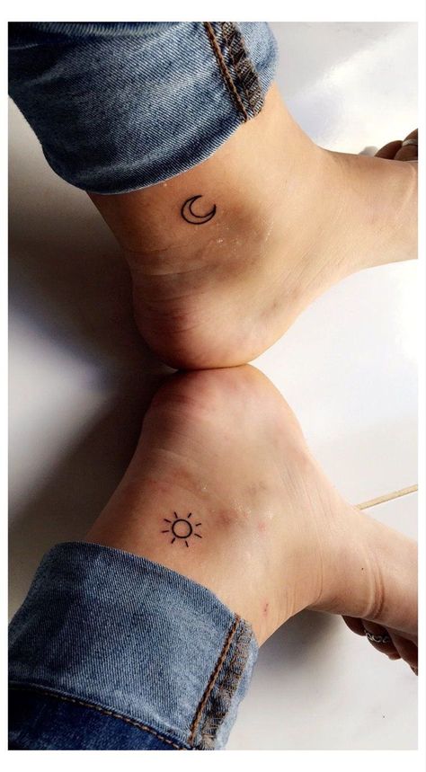 Ankle Moon Tattoos For Women, Sun And Moon Tattoo On Ankle, Sun Moon Tattoo Ankle, Tattoo Ideas Small Ankle, Ankle Sun And Moon Tattoo, Small Tattoo For Ankle, Ankle Tattoo Sun And Moon, Sun And Moon Tiny Tattoo, Sister Ankle Tattoos