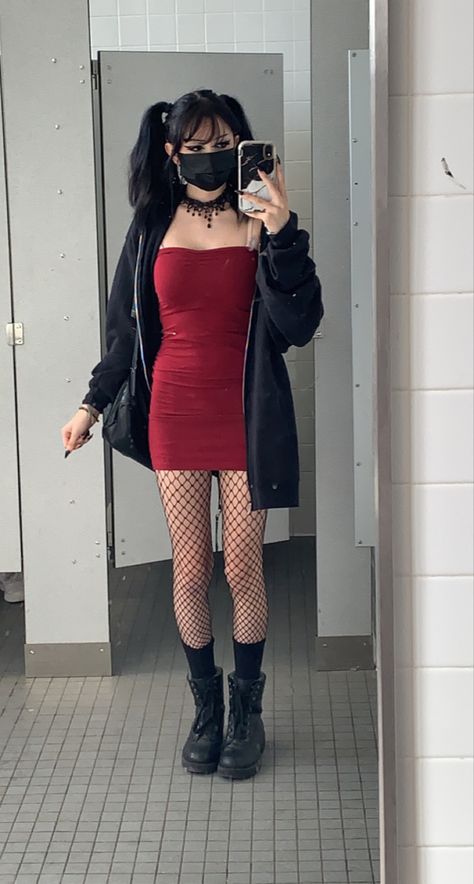 Black Slip Dress Outfit Grunge, Alternative Dress Outfit, Fishnet Stockings Outfit Aesthetic, Grunge Shorts Outfit, Grunge Club Outfits, Edgy Alternative Outfits, Light Grunge Outfits, Red Stockings Outfit, Red Goth Outfits