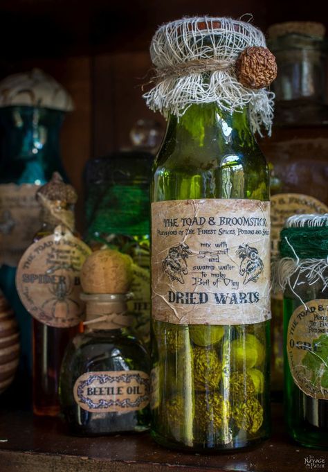 Potions Table Halloween, Apothecary Harry Potter, Diy Halloween Decorations For Inside Apothecary Jars, Apocathary Decor, Diy Witch Potions, Apothecary Jars Decor What To Put In, Specimen Jars Halloween, Halloween Poison Bottles Diy, Fake Potions Diy