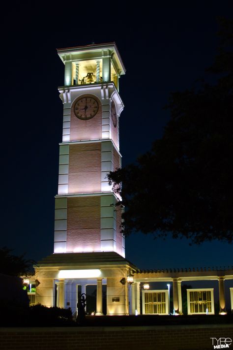 Moulton Tower. University of South Alabama. Mobile, Alabama. University Of South Alabama, South Alabama, Architecture Facade, Allah Calligraphy, Southern Cities, Facade Lighting, Mobile Alabama, Marriage And Family Therapist, Bell Tower