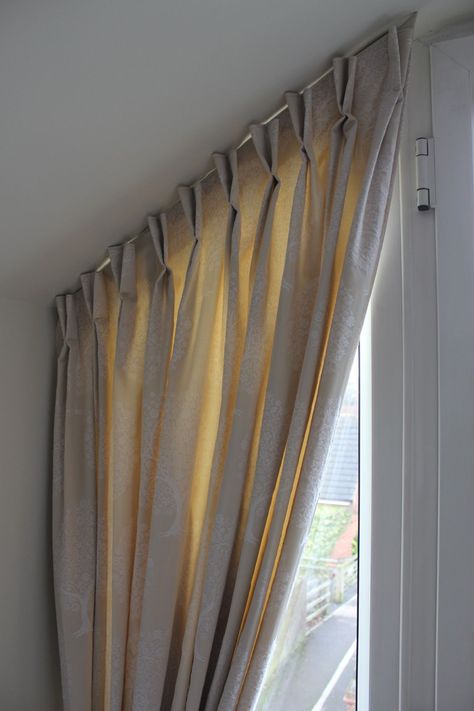 Slanted Windows Curtains, Curtain On Sloped Ceiling, Curtain Sloped Ceiling, Curtains Double Window, Curtains Double, How To Hang Curtains, Apex Window, Curtains Pictures, Hang Curtains