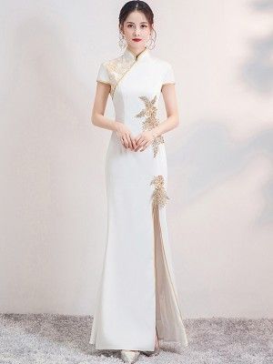 White Qipao, Sangjit Dress, Qipao Wedding Dress, Cheongsam Wedding Dress, Qipao Modern, Cheongsam Wedding, White Beaded Dress, Wedding Qipao, Wedding Cheongsam