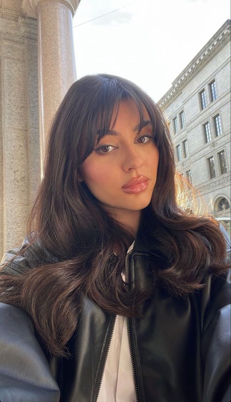 Full Front Bangs, Very Short Curtain Bangs, Ashtin Earle Hair, Chunky Bangs Long Hair, Bangs No Layers, Elegant Haircut Classy, Brunette Hair Bangs, Front Layers Medium Hair, Dark Brown Hair With Bangs